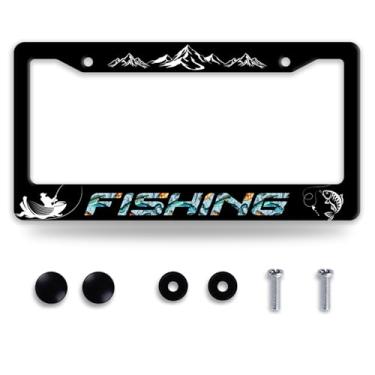 Imagem de Moldura de placa de licença de pesca montanha molduras engraçadas para placas de carro peças decorativas de aço inoxidável placa de licença para suporte de placa de licença padrão EUA Canadá 30 x 15