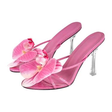 Imagem de sexytag Sandálias de dedo transparentes com estampa floral, salto agulha de flor, bico aberto, mules, rosa, 40