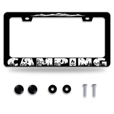 Imagem de Moldura de placa de licença de acampamento Montanhas Suporte de placa de licença Floresta para peças decorativas de carro Placa de licença inoxidável para padrão EUA Canadá Molduras engraçadas de