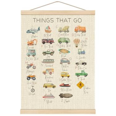 Imagem de Boat Wades Cabides de pôster de madeira do alfabeto de transporte 30,5 x 40,6 cm, moldura de pôster de transporte do alfabeto Abc, veículo de desenho animado para quarto de crianças, decoração de