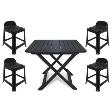 Imagem de Mesa Quadrada Dobrável 80x72cm Preta + 4 Banquetas Com Encosto