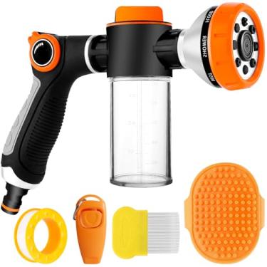 Imagem de Acessório de mangueira de lavagem de cães, acessório de mangueira de 8 pulverizadores com dispensador de sabão, clique para treinamento de cães e pente para cães, bocal de mangueira de jardim de 0,9