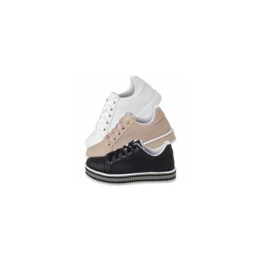 Imagem de Kit 03 Pares Tênis Casual conforto plataforma Preto/Nude/Branco liso -