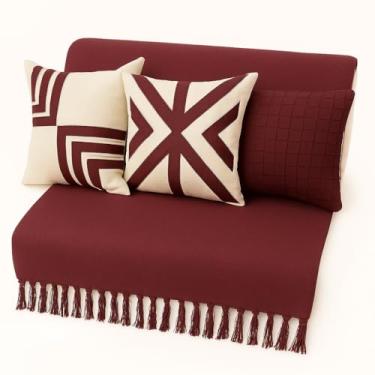 Imagem de Capas de Almofadas Bordo (capas/Manta) Rustica Artesanal Algodão Sofa Cama Tiras Boho Chic(a capa não contém enchimento)(Kit 3 Capas e 1 Manta)