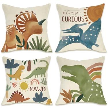 Imagem de Fahrendom Boêmio Dinossauro Rawr Capas de Almofada Decorativas 40,6 x 40,6 cm Conjunto de 4, Boêmio Dino Stay Curious Varanda Pátio Fronhas Externas Capa de Almofada Sol Arco-Íris para Sofá Decoração