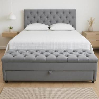 Imagem de Kit Baú Gaveta e Cabeceira Capitonê Estofada Queen 160x60cm Cor Cinza 