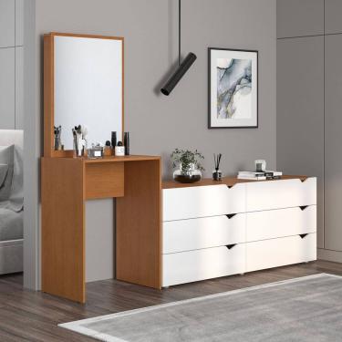 Imagem de Cômoda Penteadeira 6 Gavetas com Espelho Porto Branco/Freijó