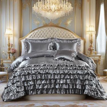 Imagem de MOVE OVER Conjunto de edredom king de cetim cinza, 8 peças, cama em uma bolsa, cascata gasta, chique, com babados, luxuoso, seda semelhante a cetim, conjunto de edredom cinza com babados