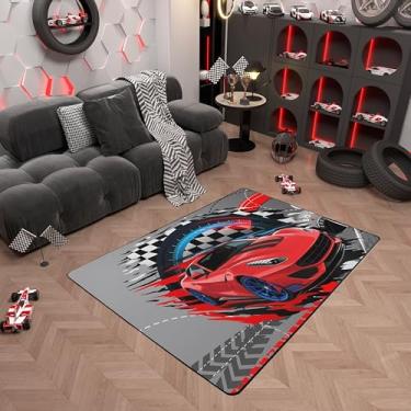 Imagem de Tapete de área de carro de corrida 1,5 x 1,8 m, tapete de decoração xadrez preto branco geométrico para cabeceira sala de estar decoração de sofá, tapete de decoração de caminhão de grafite azul vermelho para crianças meninos adolescentes homens