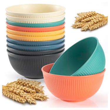 Imagem de Pacote com 12 tigelas de cereais inquebráveis de 680 g, tigelas leves de plástico reutilizáveis, feitas de fibra de palha de trigo, ideal para saladas, sopas, ramen, macarrão e aveia