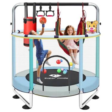 Imagem de PY SUPER MODE Cama Elástica Para Crianças, 1,5 M, Ajustável, Bebês, Áreas Internas/Externas, Com Rede De Proteção, Presentes Meninos E Meninas (Azul Verde)