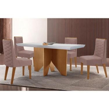 Imagem de Conjunto Sala de Jantar Nevada c/ Tampo Madeirado c/ Vidro Canto Curvo 120x80cm e 4 Cadeiras Dafne Madeira Maciça Naturale/Off White - Capuccino/Linho