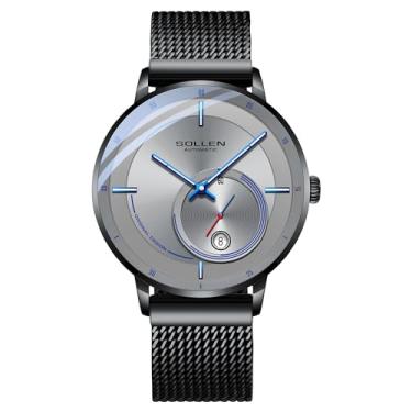 Imagem de SOLLEN Relógios automáticos masculinos – Movimento mecânico original, vidro mineral, relógio de pulso impermeável de 3 ATM/30 metros, caixa de aço inoxidável, ponteiros luminosos e calendários
