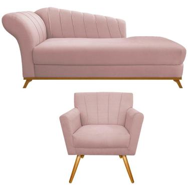 Imagem de Kit Diva Recamier Vanessa 160cm Lado Direito E 01 Poltrona Laura Suede Cor Rosê