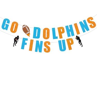 Imagem de Banner Pre Strung Go Dolphins Fins Up - Decoração de festa de futebol com golfinhos, decorações de festa de time de futebol, decorações de festa de celebração, banner laranja e azul com glitter