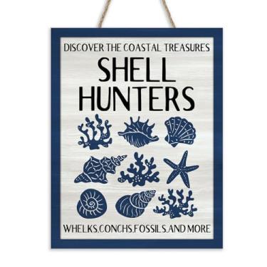 Imagem de Bolisom Coastal Treasures Shell Hunters Placa para porta da frente, casco de praia, fóssil, coral, estrela-do-mar, berçário, sala de aula, cabide de madeira, guirlanda para quarto de crianças