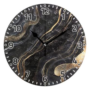Imagem de WELLDAY Relógio de parede sem tique-taque 25 cm - Relógio redondo silencioso de quartzo operado por bateria de mármore preto dourado para casa/escritório/cozinha/sala de aula