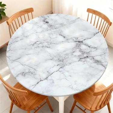 Imagem de Yesad Toalha de mesa redonda com borda elástica para mesa redonda de até 155 a 165 cm, capa de mesa impermeável para acampamento, interior, exterior, férias, verão, mármore branco