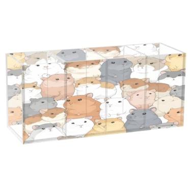 Imagem de CEBUGI Porta-lápis de acrílico transparente com 4 compartimentos, organizador de desenho animado hamster, suporte de pincel de maquiagem para escritório em casa, escritório, armazenamento