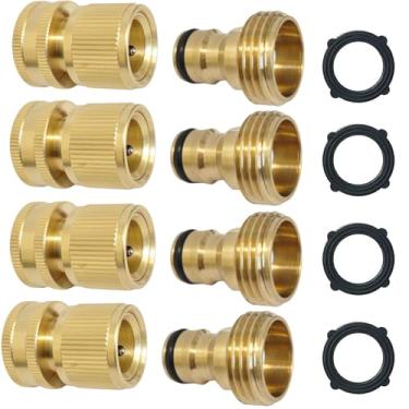 Imagem de Conector rápido de mangueira de jardim, latão sólido 3/10.2 cm, kit de conexão rápida de rosca GHT, acessórios de mangueira de água macho e fêmea sem vazamento (conjunto com 4)