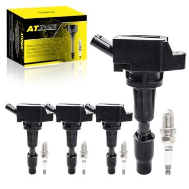 Imagem de ATURMC Conjunto de 4 bobinas de ignição UF764 e velas de ignição de irídio compatíveis com Hyundai Genesis G70 G80 G90 Santa Fe Sonata Tucson Veloster N Kia Optima Sorento Sportage Stinger GN1073