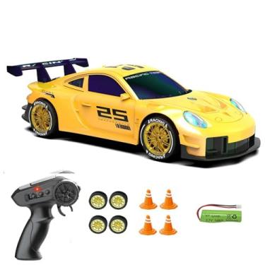 Imagem de Carro RC Drift 1/24 2,4 GHz 4WD Controle Remoto Esportivo Corrida, Baterias e Pneus Drift (P Amarelo)