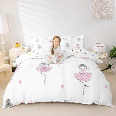 Imagem de Erosebridal Jogo de cama Kawaii para meninas de balé, rosa, princesa, 2 peças, corações fofos, estrelas, capa de edredom para decoração de quarto de crianças, roupa de cama branca, microfibra