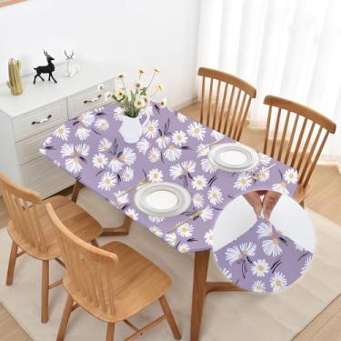 Imagem de Mulilai Toalha de mesa oval para primavera, verão, roxo claro, 106 x 152 cm, toalha de mesa elástica, lavável, antiderrapante, elastano, cozinha, mesa de jantar, sem rugas, com margarida floral