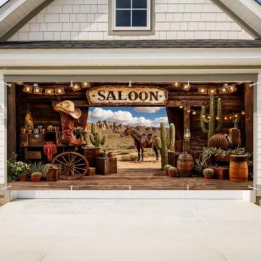 Imagem de Capa de porta de garagem de aniversário, cenário fotográfico de faixa de feliz aniversário, fundo de festa para decoração de parede interna e externa (bar cowboy ocidental, 2,1 x 4,9 m)