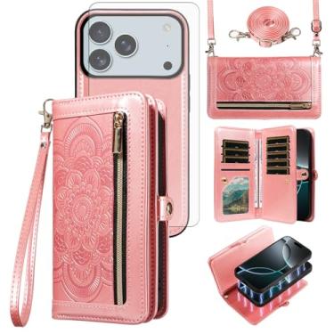 Imagem de Asuwish Capa de celular para iPhone 17 Pro 6,3 polegadas com zíper carteira destacável com protetor de tela de vidro temperado alça de pulso mandala flor porta-cartão de crédito i Phone17 i17 17Pro