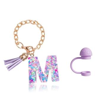 Imagem de HaimiLiya Capa de canudo com corrente de copo com letra inicial para acessórios Stanley Cup, tampa de palha de 10 mm, pingente de copo fofo, roxo