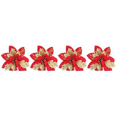 Imagem de Árvore de natal poinsétia flores glitter artificial decorações vermelhas douradas para decoração festiva do feriado 4 pçs 12.5cm tecido plástico