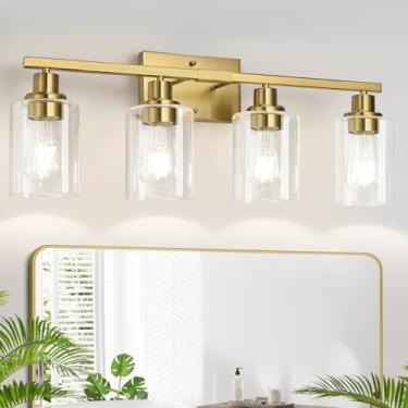 Imagem de MOKATNG Luminária de banheiro de 4 luzes, luminária de banheiro com persianas de vidro transparente, luminárias de banheiro douradas escovadas sobre o espelho, lâmpada de parede de banheiro moderna