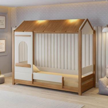 Imagem de Cama Casinha Solteiro Reversível com Grade e Janela de Led Aria Casatema Madeiraoriginals Nogueira/Branco