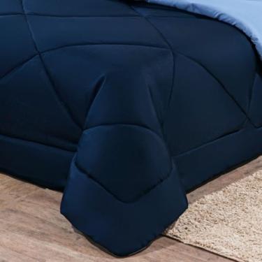 Imagem de Kit Edredom + Jogo de Lençol Aconchego Look House Dupla Face Solteiro 04 Peças - Azul Marinho e Azul