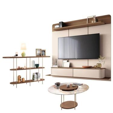 Imagem de Home Suspenso Galax Castanho Off White E Aparador Infinity E Mesa De Centro Sky Com Tampo De Vidro Castanho- Hb Móveis