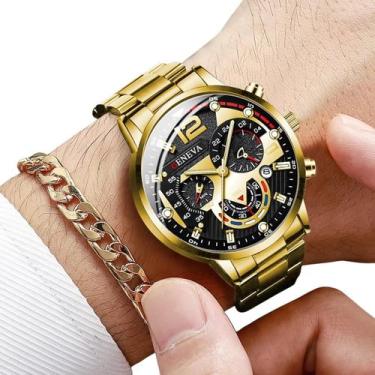 Imagem de Relógio Masculino Geneva + Pulseira Metal Kit Luxo, Dourado