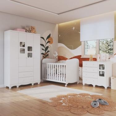 Imagem de Quarto de Bebê Completo com Guarda Roupa 4 Portas com Janelas Cômoda e Berço 100% mdf Mimo