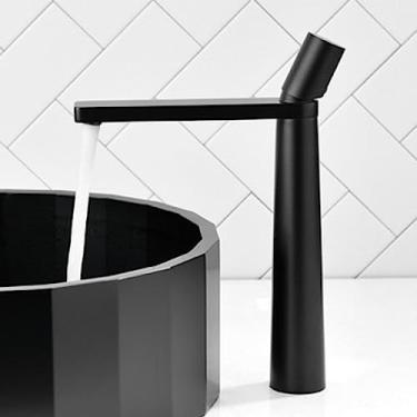 Imagem de Torneira de lavatório Pia de banheiro Manípulo único Água quente fria Guindaste Lavagem torneira misturadora Torneira montada no convés, preta (alta)