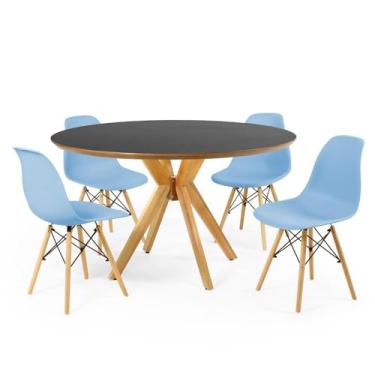 Imagem de Conjunto Mesa de Jantar Redonda Marci Premium Preta 120cm com 4 Cadeiras Eames Eiffel - Azul Claro