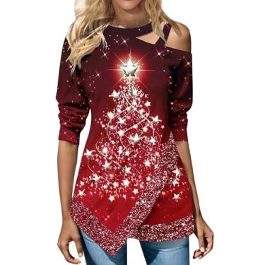 Imagem de Elogoog Camiseta feminina Merry Christmas Shirt for Women Pullover Cold Shoulder Cute Tree Snowflake Tops Sexy Red Wine Cup Impresso Sweater(Vermelho, 5X-Grande), Vermelho, 5G