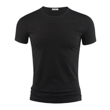 Imagem de Camiseta masculina cor pura gola V e O manga curta camisetas masculinas fitness para roupas masculinas 1, Gola redonda na cor preta, XXG