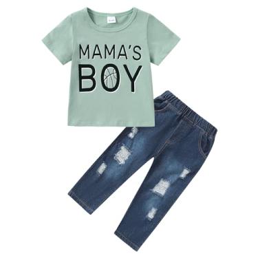 Imagem de CARETOO Roupas infantis para meninos, roupas de verão, camiseta de manga curta, conjunto de calça jeans 12M-5T, Verde claro, 3-4 Anos
