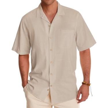 Imagem de Alimens & Gentle Camisas masculinas de linho camisas de manga curta com botões casuais verão praia tops algodão camisas havaianas, Bege, 4G
