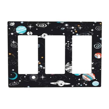 Imagem de LWDZLHD Space Galaxy Planet Light Switch Cover Black Universe Star Wall Plate Decorativo 3 Gang Triple Rocker Placa Elétrica para Quarto Cozinha Decoração de Banheiro 16,7 cm x 11,7 cm
