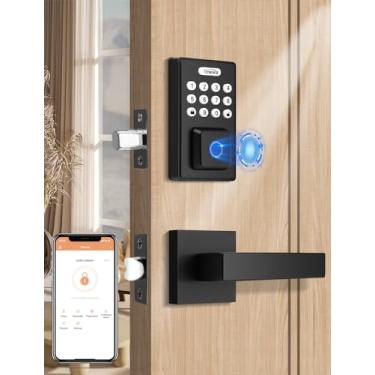Imagem de Tinewa Fechadura de porta inteligente preta, maçanetas de porta de entrada de impressão digital, fechadura com teclado digital eletrônico com controle de aplicativo, trava automática e trava de um toque, senha antiespiamento, alavanca de passagem