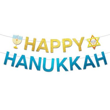 Imagem de LanttAotte Faixa Happy Hanukkah pré-montada serpentina azul pendurada festival feriado tema decorações de festa para lareira de manto