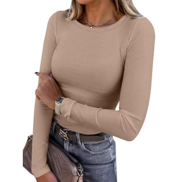 Imagem de ioiohahaun Camiseta feminina de manga comprida, gola redonda, canelada, casual, básica, Milk Curry, G