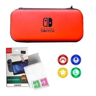 Imagem de Case Bolsa Estojo Nintendo Switch + Película Vidro + 4 Grip - NX, Verm