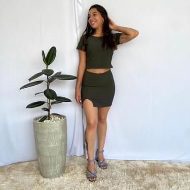 Imagem de Kit Saia Curta Justa Fenda,Croped Manga Curta - vivi rangel, Verde mil
